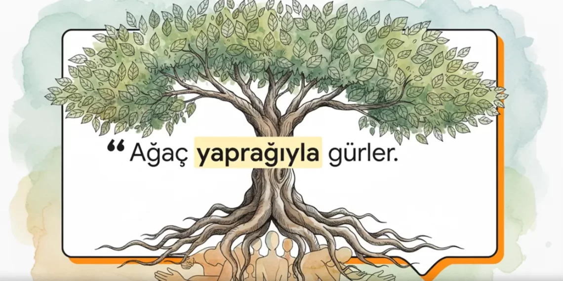 Ağaç yapraklarıyla gürler.